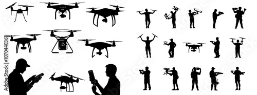 A silhouette of a man holding a remote controlling drone, a bundle of accessories