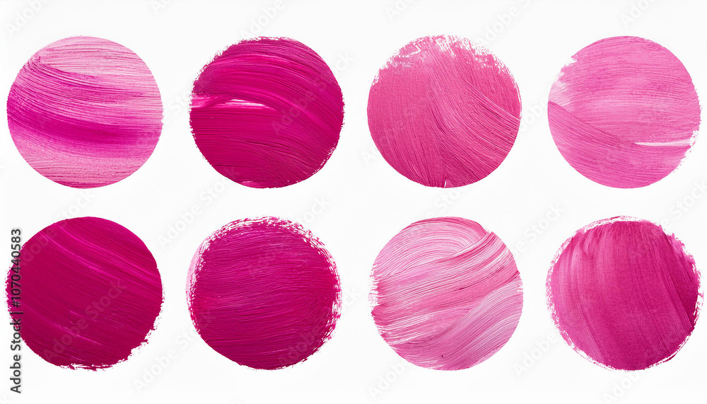 Set of round pink brush strokes. Grungy texture. Modern illustration. Hand drawn. Isolated on white Set of round pink brush strokes. Grungy texture. Modern illustration. Hand drawn. Isolated on white