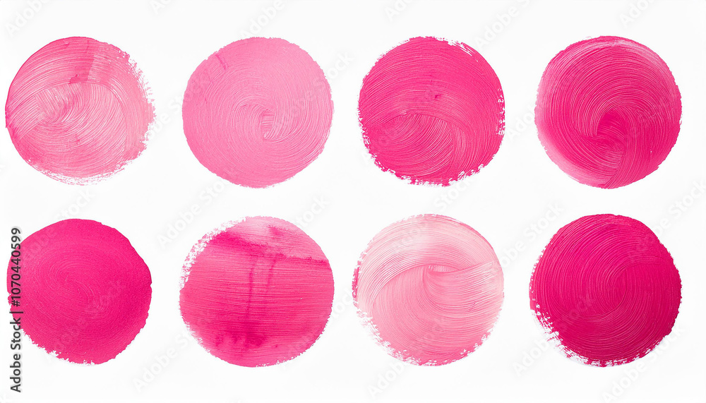 Set of round pink brush strokes. Grungy texture. Modern illustration. Hand drawn. Isolated on white Set of round pink brush strokes. Grungy texture. Modern illustration. Hand drawn. Isolated on white