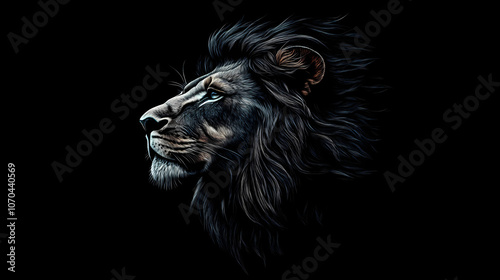 Majestic lion portrait closeup on dramatic black background powerful wildlife photography digital art. Majestic. Illustration photo