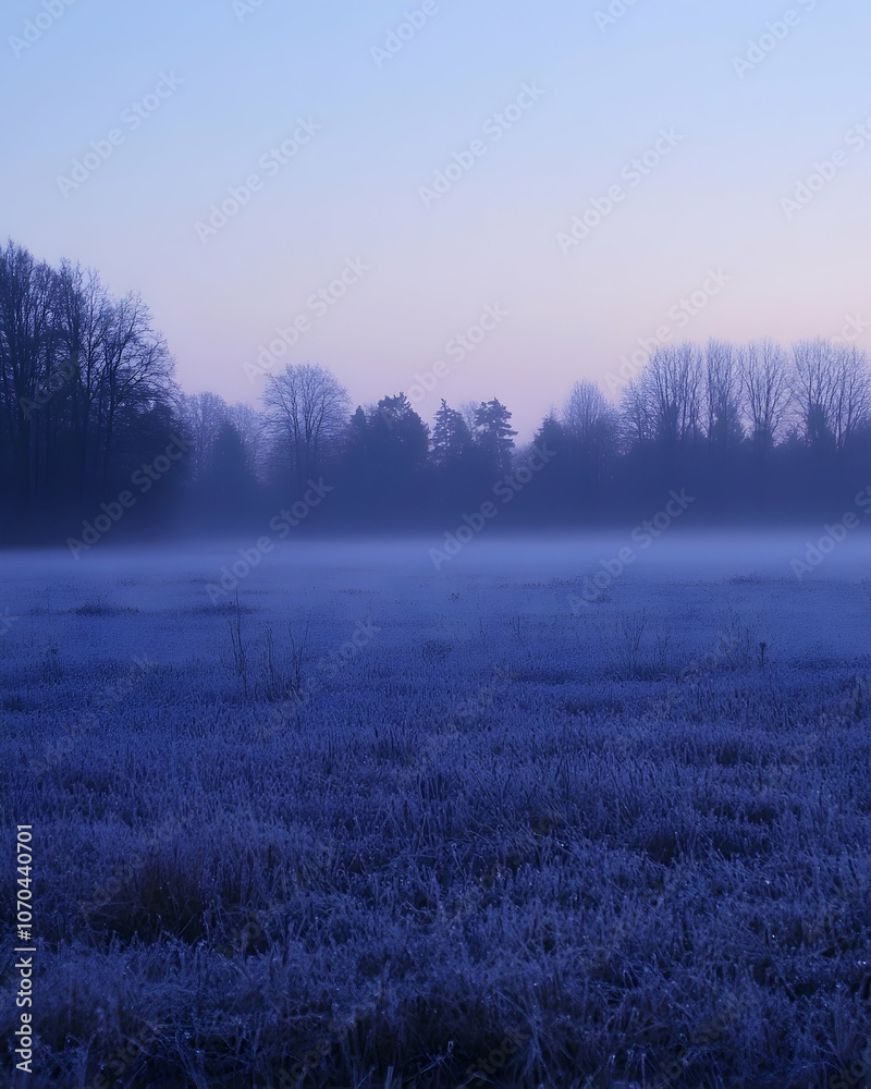 A foggy field at dawn with trees in the background. A foggy field at dawn with trees in the background.