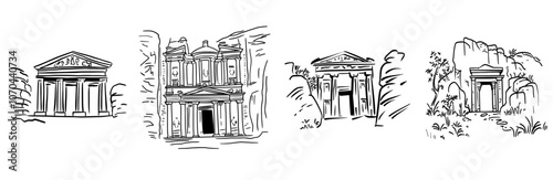 Petra Jordan line drawing, black on white, hand drawn