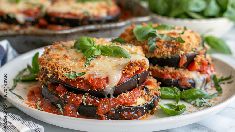 A plate of baked eggplant with marinara sauce and melted cheese, garnished with basil. The eggplant is breaded and layered, creating a delicious and satisfying meal A plate of baked eggplant with marinara sauce and melted cheese, garnished with basil. The eggplant is breaded and layered, creating a delicious and satisfying meal
