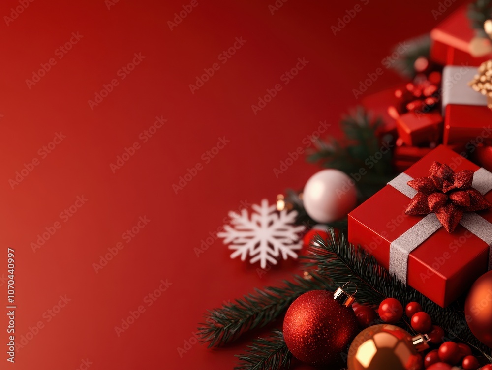 Obraz premium Festive arrangement of red Christmas gifts, ornaments, and decorations on a vibrant red background.