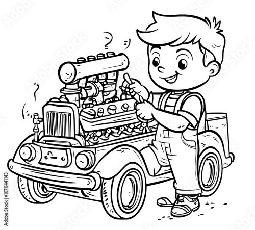 Mechanic fixing a black modern car icon on transparent background.