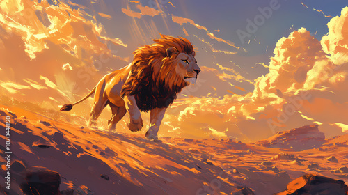 Majestic lion traversing sunbaked desert regal posture flowing mane golden light spiritual symbolism vast landscape strength personified. Majestic. Illustration photo