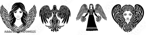 Illustration of a female angel silhouetted with a celtic knot pattern
