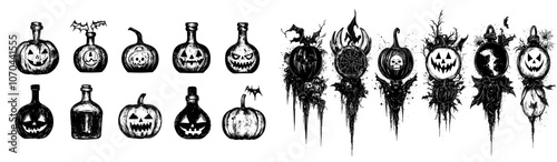 Isolated Halloween decoration elements in doodle hand-drawn graphic modern illustration on transparent background 8.