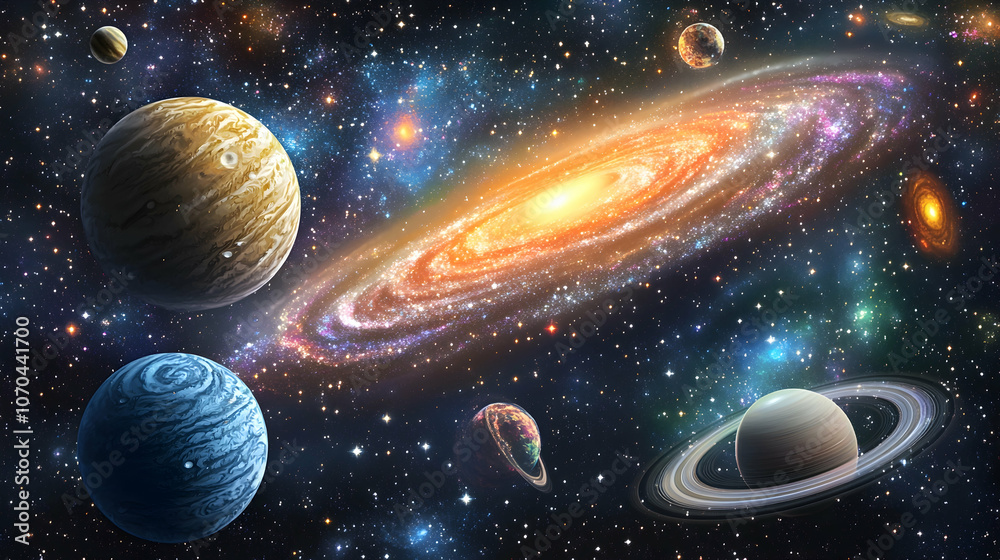 A vibrant illustration depicting a spiral galaxy with planets and stars in the vastness of space. A vibrant illustration depicting a spiral galaxy with planets and stars in the vastness of space.