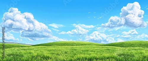 This is a cartoon illustration of a green summer field on a sunny day. There are lush grasses or agricultural crops growing on the farmland and birds soaring in the blue sky.