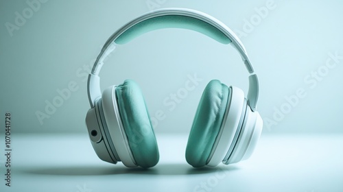 White headphones with teal earcups photo