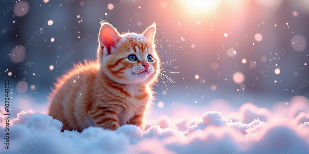 Adorable ginger kitten exploring a snowy landscape, captured in beautiful soft lighting. Perfect for pet-related content or winter themes. Adorable ginger kitten exploring a snowy landscape, captured in beautiful soft lighting. Perfect for pet-related content or winter themes.