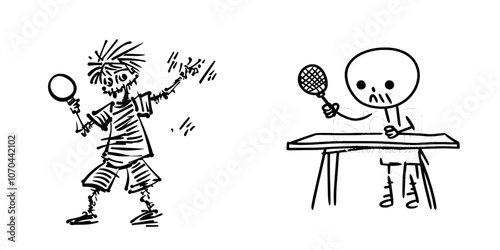 Stock illustration of skeleton, zombie, undead with a tennis racket in hand. Halloween. Stock illustration in black and white. photo