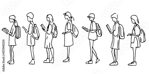 An illustration of college students standing together. A back-to-school concept showing class fellows together.