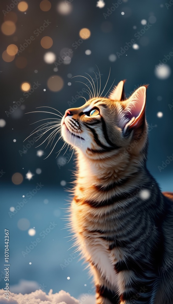 A mesmerizing tabby cat gazes upward amidst falling snowflakes, capturing a moment of wonder and beauty in a serene winter landscape. A mesmerizing tabby cat gazes upward amidst falling snowflakes, capturing a moment of wonder and beauty in a serene winter landscape.