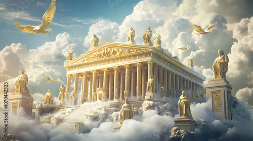 Majestic mount olympus: ancient temples, golden statues, and mythical creatures soaring in the clouds. Majestic. Illustration