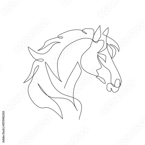 Continuous single line drawing of horse head unicorn stallion mammal animal wildlife zoo sketch vector illustration