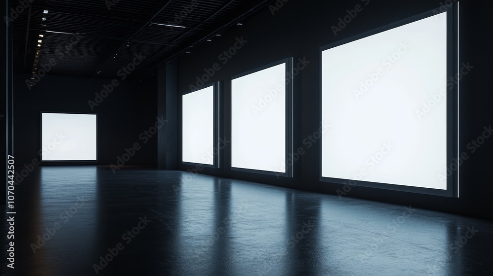 Front view of three vertical video screens with bright white displays in a dark room, creating a minimalist, high-contrast installation for a contemporary art setting. Front view of three vertical video screens with bright white displays in a dark room, creating a minimalist, high-contrast installation for a contemporary art setting.