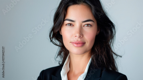 A confident woman poses for a headshot, showcasing her long dark hair and polished appearance in a black blazer with a white shirt. The neutral background highlights her professional demeanor