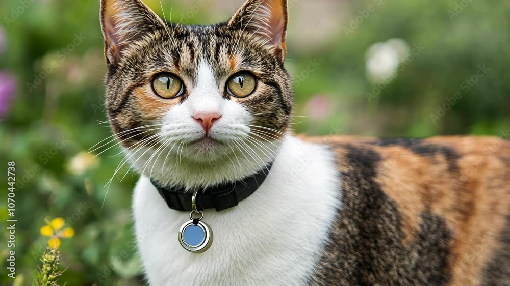 A calico cat with green eyes stands in a garden, wearing a black collar and a round tag