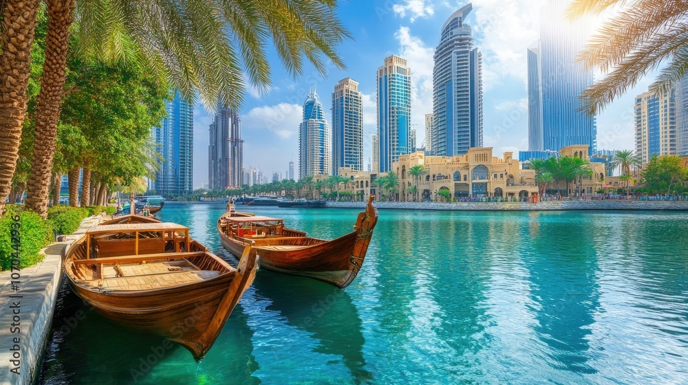 Obraz premium Dubai Creek with traditional dhows and heritage buildings. Copy space