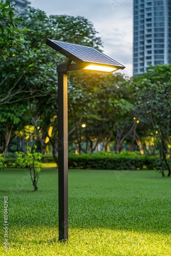 Green park with solar-powered lighting at dusk photo