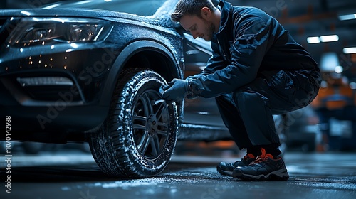Man changes winter tire on car in snowy garage