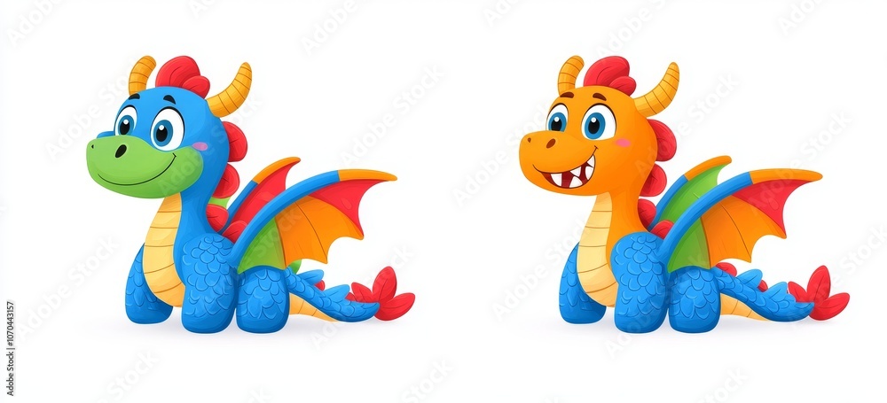 Fantasy dragon set for fairy tale game cartoon illustration. Fly monster character clipart asset with wings in red, green and orange. Ancient mythical dinosaur drawing collection. Fantasy dragon set for fairy tale game cartoon illustration. Fly monster character clipart asset with wings in red, green and orange. Ancient mythical dinosaur drawing collection.