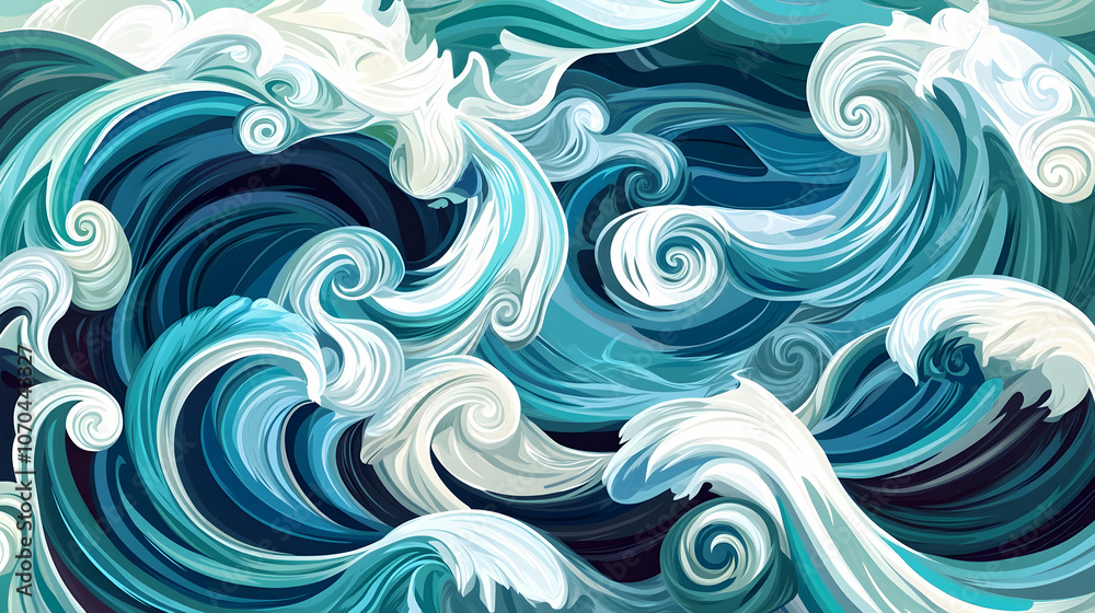 Abstract illustration of swirling blue and white ocean waves.
