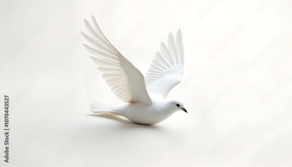 Fototapeta premium A white dove in mid-flight with outstretched wings against a soft, neutral background showcasing grace and tranquility
