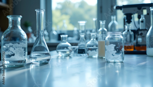 Laboratory scene with various glassware and liquids under natural light in a research facility during the day