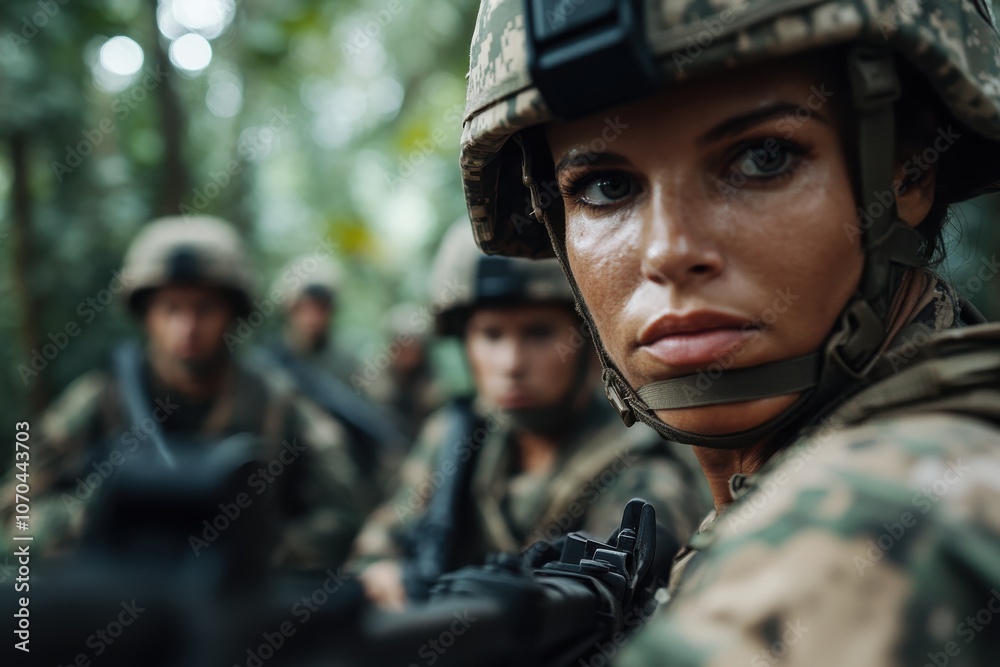 A determined woman soldier, armed and clad in a helmet, intently looks ahead in a forest setting while surrounded by fellow soldiers. A determined woman soldier, armed and clad in a helmet, intently looks ahead in a forest setting while surrounded by fellow soldiers.