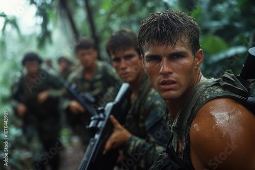 A group of male soldiers, serious and heavily armed, move stealthily through a dense jungle, showcasing discipline and solidarity during their mission. photo