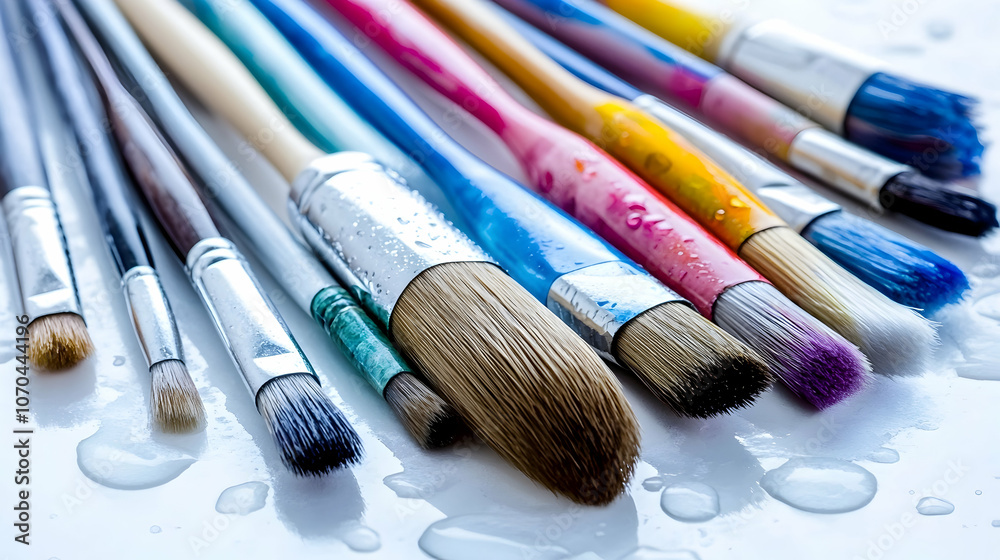 Fototapeta premium Close-up of colorful paint brushes on a white surface with water droplets.