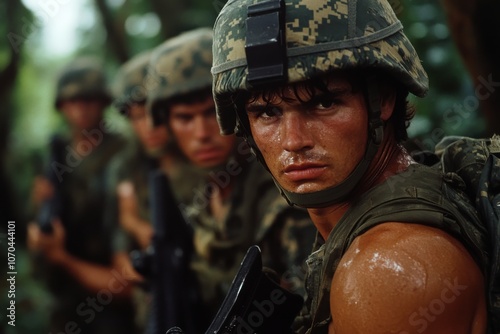 A soldier, with sweat glistening on his skin, leads his comrades through dense jungle foliage, displaying intense focus and alertness while gripping his weapon. photo