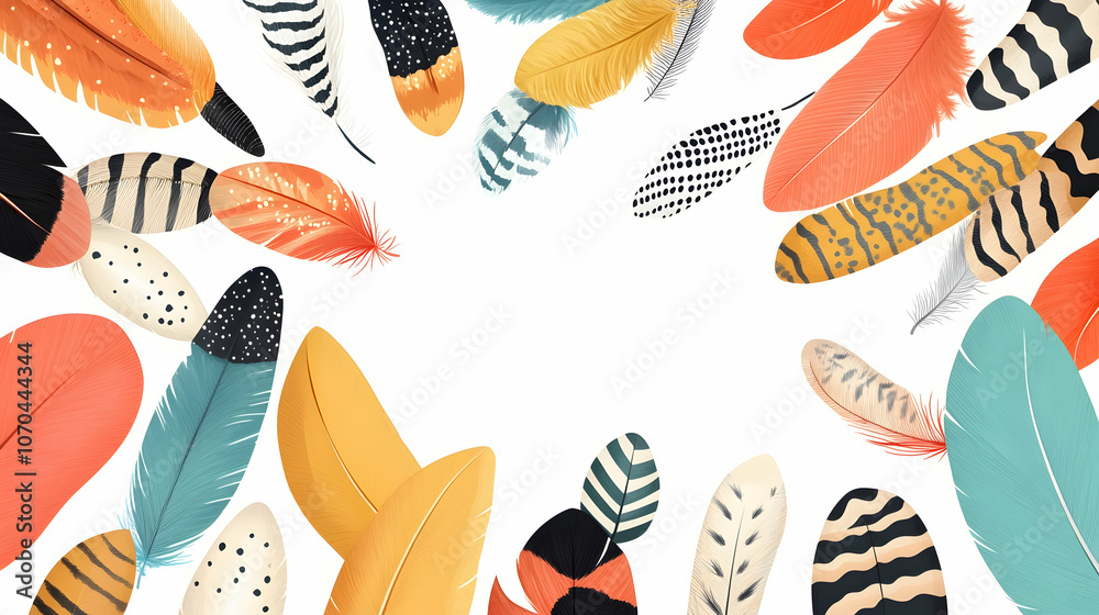 Colorful feathers in a circular frame on a white background. Colorful feathers in a circular frame on a white background.