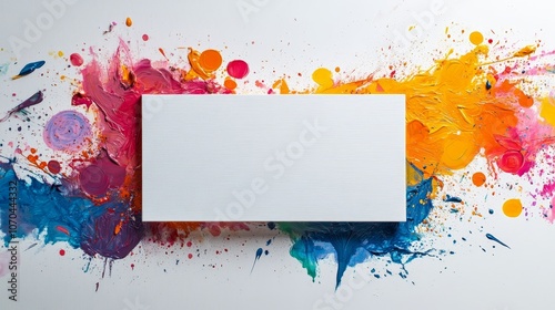 The white canvas in the center of the pure white background is surrounded by bright ink splashes, creating a strong contrast and showcasing artistic and creative expression.