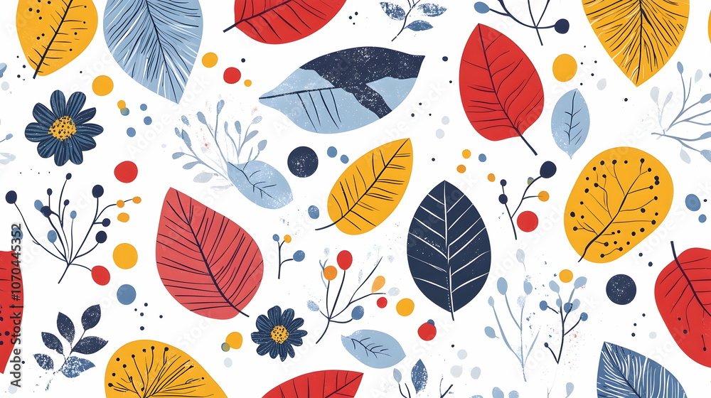 Seamless pattern with autumn leaves, berries, flowers and dots on white background. Seamless pattern with autumn leaves, berries, flowers and dots on white background.