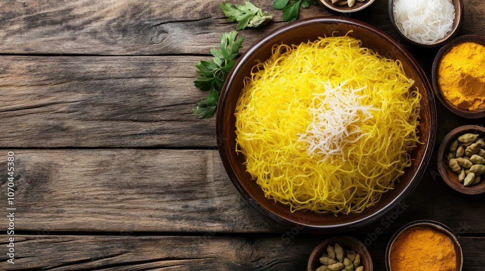 Emirati balaleet with saffron noodles and cardamom spices. Copy space