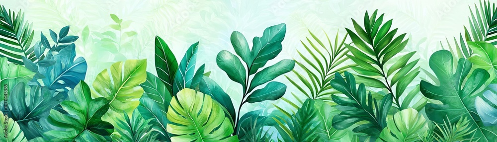 Lush green leaves in varying shapes and sizes, creating a tropical vibe, perfect for backgrounds or illustrations of nature's beauty. Lush green leaves in varying shapes and sizes, creating a tropical vibe, perfect for backgrounds or illustrations of nature's beauty.