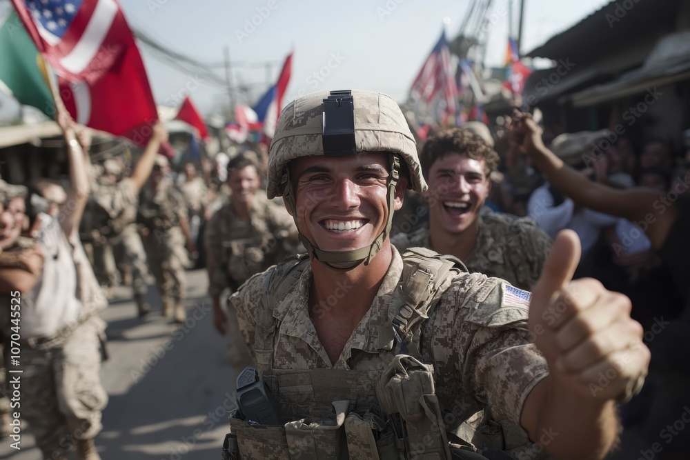 Fototapeta premium A smiling soldier gives a thumbs up as he marches alongside comrades carrying national flags, embodying positivity and camaraderie in a military context.