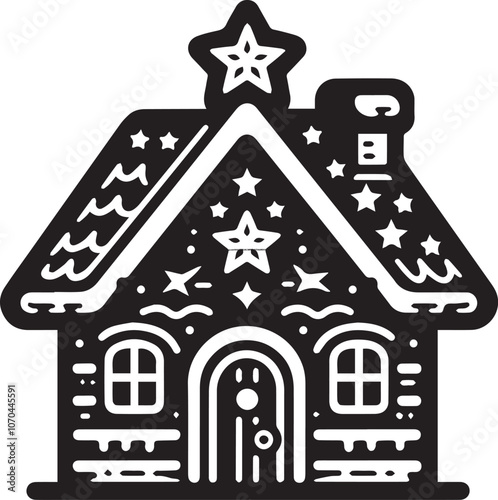 Charming Black and White Gingerbread House for the Holidays. This charming black and white illustration features a classic gingerbread house decorated with snowflakes and icing.