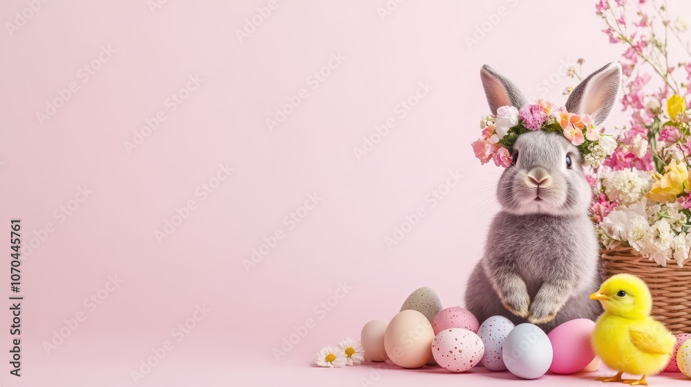Easter bunny with a floral crown and yellow chick next to a basket of pastel eggs on a green background, evoking springtime innocence and joy.