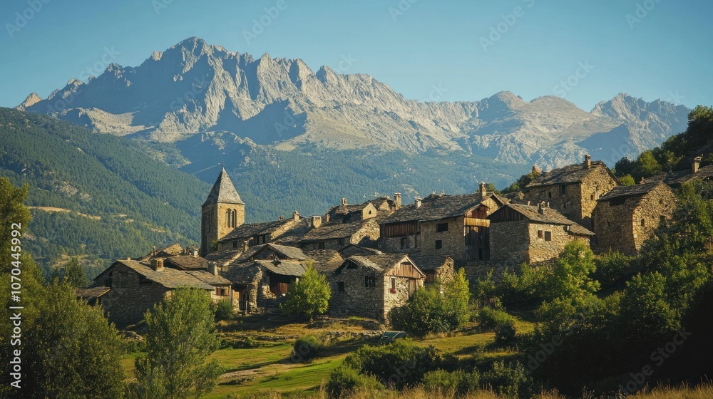Scenic village nestled in mountains with a church steeple under a clear blue sky. Scenic village nestled in mountains with a church steeple under a clear blue sky.