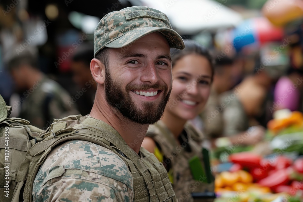 A bearded soldier, wearing a military cap, interacts warmly with a colleague at a market stall, contributing to the atmosphere and fostering unity. A bearded soldier, wearing a military cap, interacts warmly with a colleague at a market stall, contributing to the atmosphere and fostering unity.