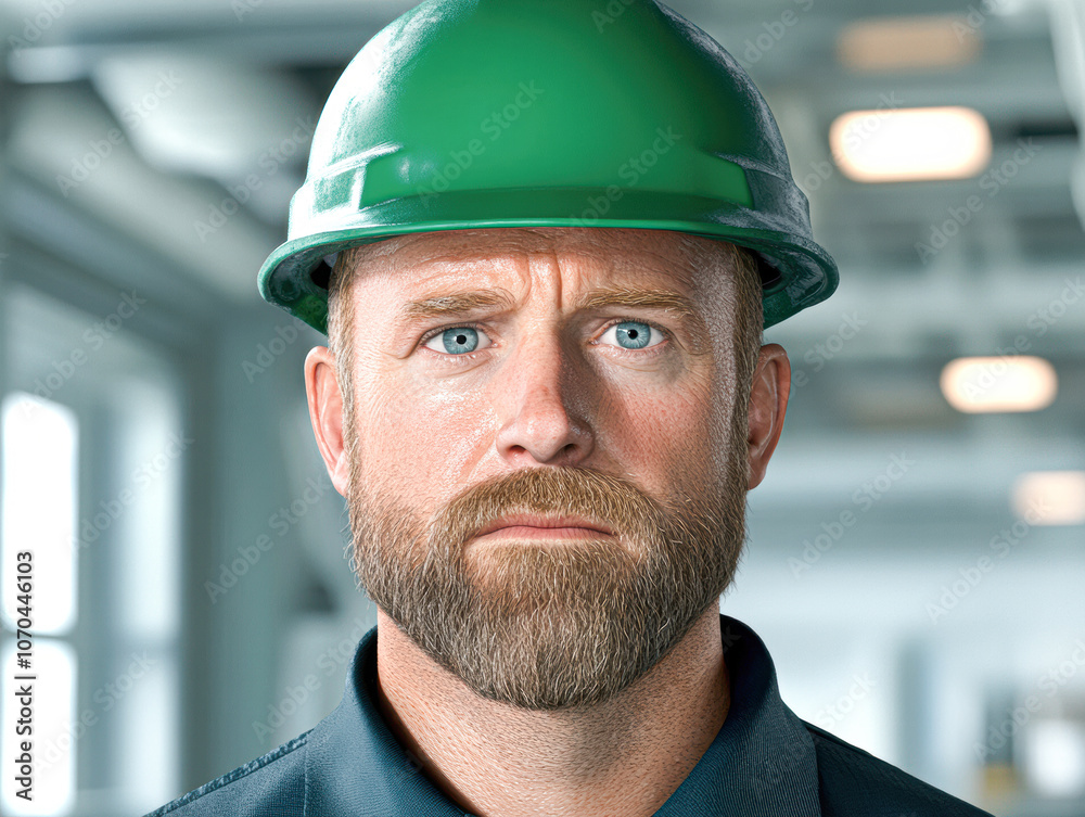 A man with a green hard hat is looking at the camera