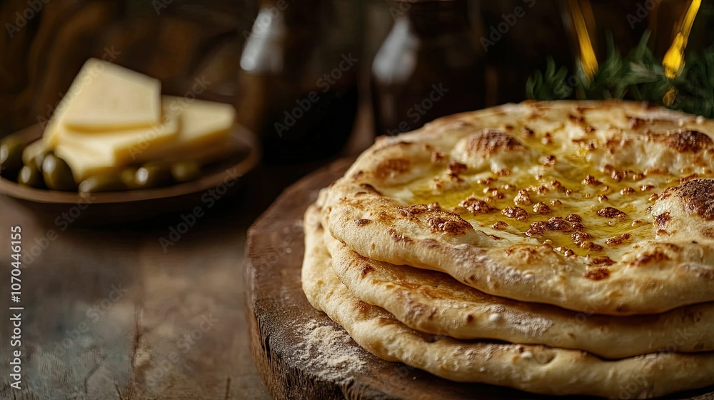 Emirati bread, khameer, served with cheese and olives. Copy space Emirati bread, khameer, served with cheese and olives. Copy space