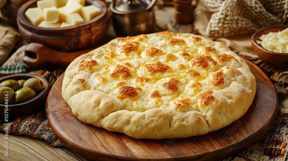 Emirati bread, khameer, served with cheese and olives. Copy space Emirati bread, khameer, served with cheese and olives. Copy space