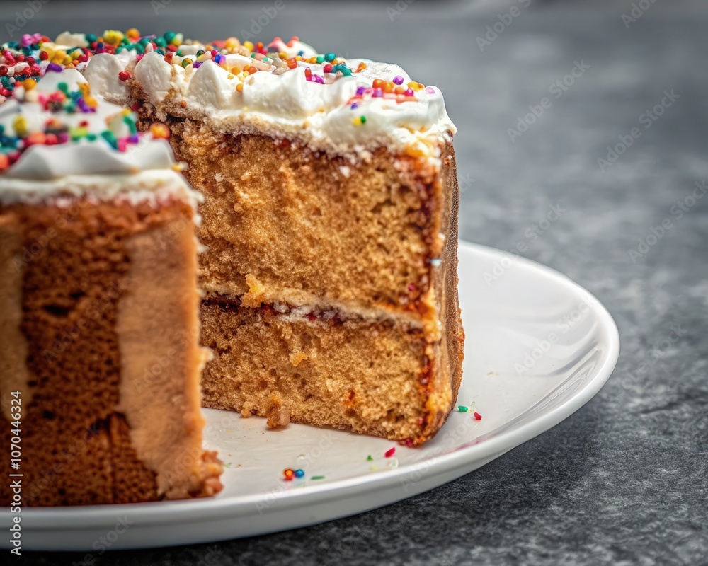 Delicious layered cake with colorful sprinkles on a plate in a kitchen setting. Generative AI Delicious layered cake with colorful sprinkles on a plate in a kitchen setting. Generative AI