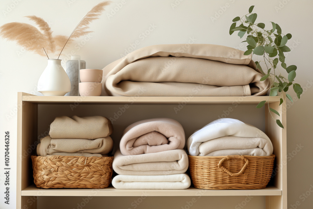 Fototapeta premium Basket of Folded Linens on Closet Shelf